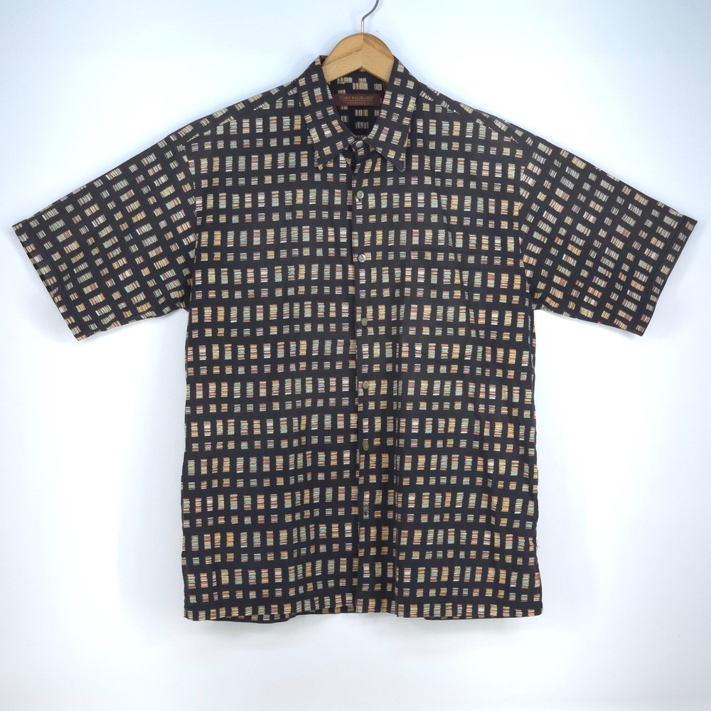 Tori Richard Button Up Shirt Mens Medium Books AOP Abstract Geometric Hawaiian